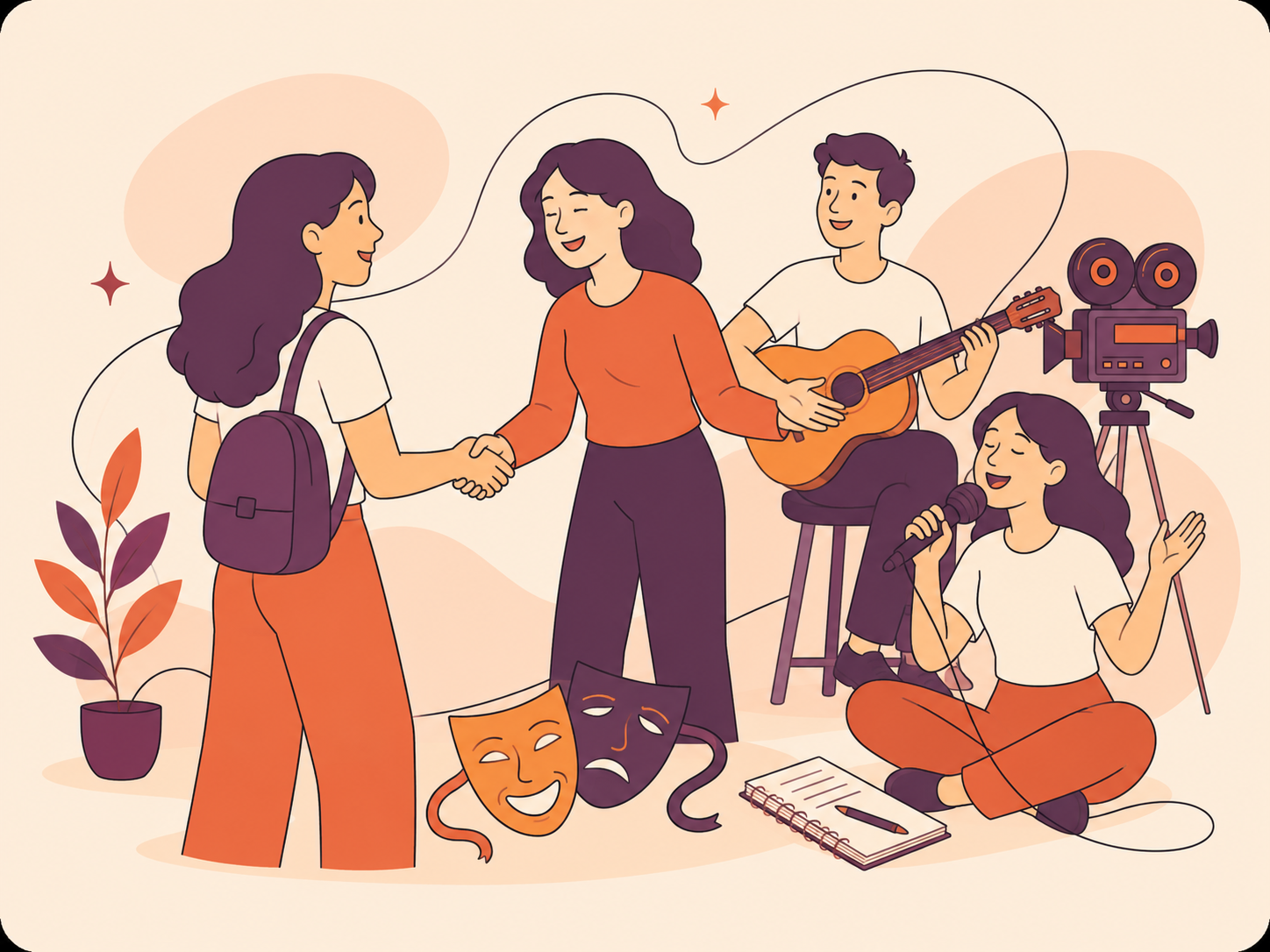 Illustrazione della prova gratuita con accoglienza, musica, teatro e filmmaking